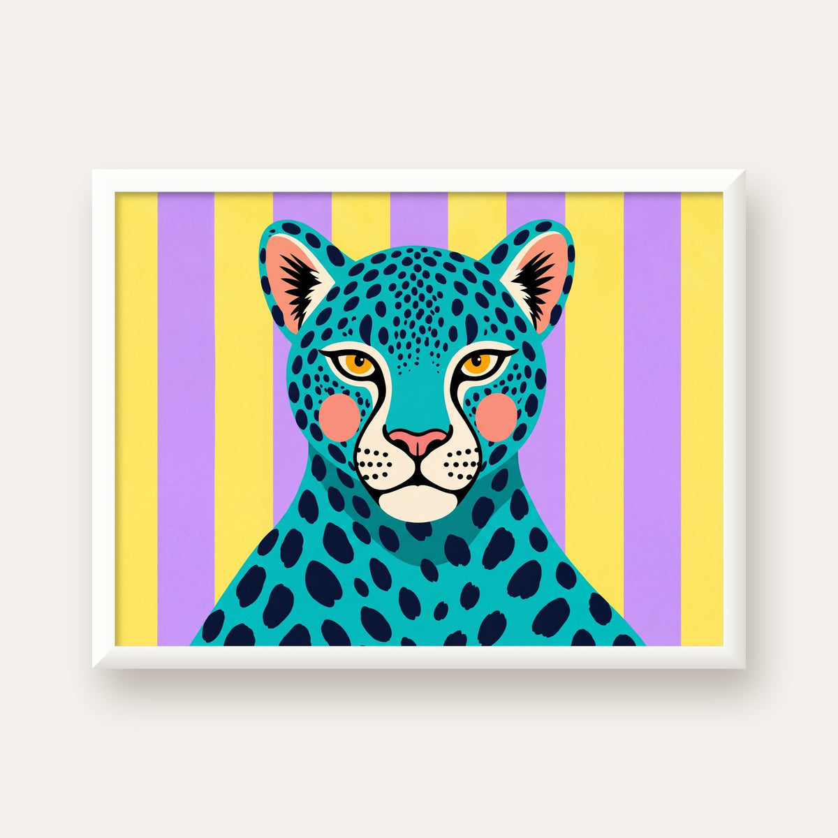 Turkuaz Renk Bloklu Modern Jaguar İllüstrasyon Poster — beyaz çerçeveli yatay poster