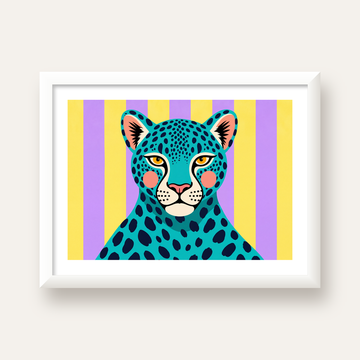 Turkuaz Renk Bloklu Modern Jaguar İllüstrasyon Poster — beyaz çerçeveli yatay poster