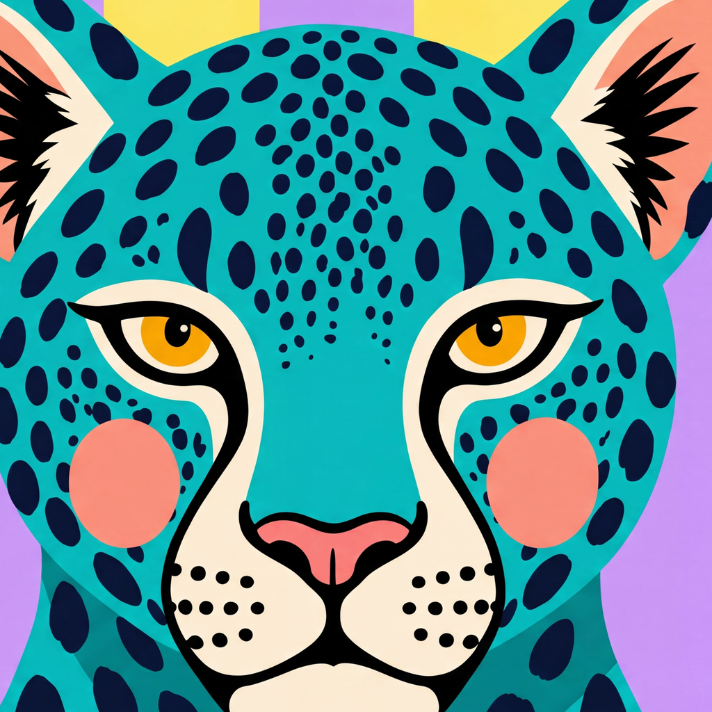 Turkuaz Renk Bloklu Modern Jaguar İllüstrasyon Poster — baskının yakın çekimi, kâğıt dokusu ve renk detayı