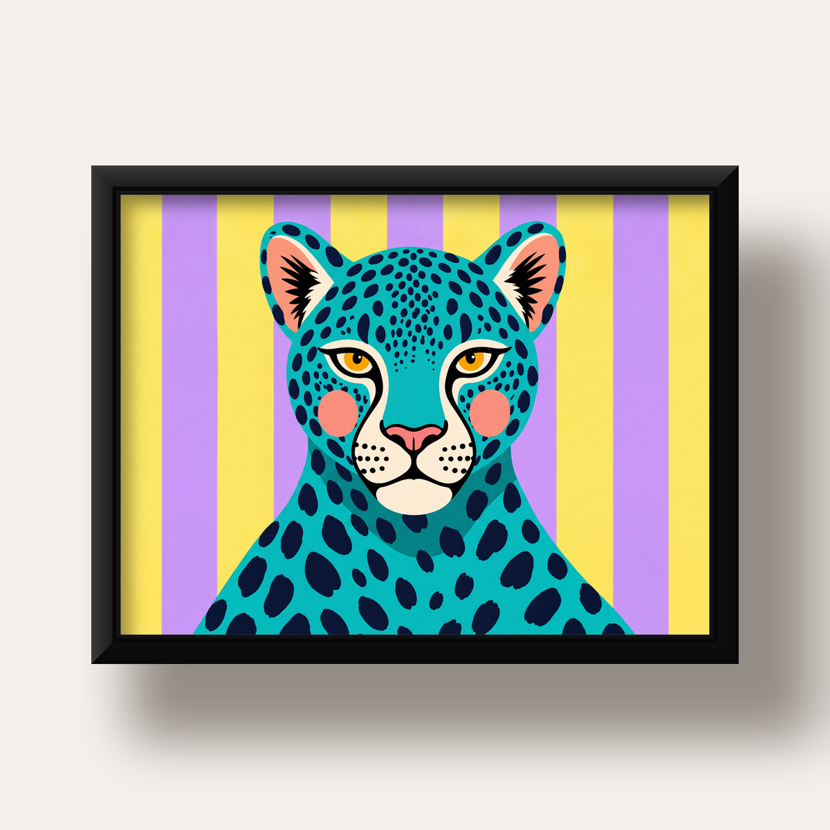 Turkuaz Renk Bloklu Modern Jaguar İllüstrasyon Poster — siyah derin çerçeveli