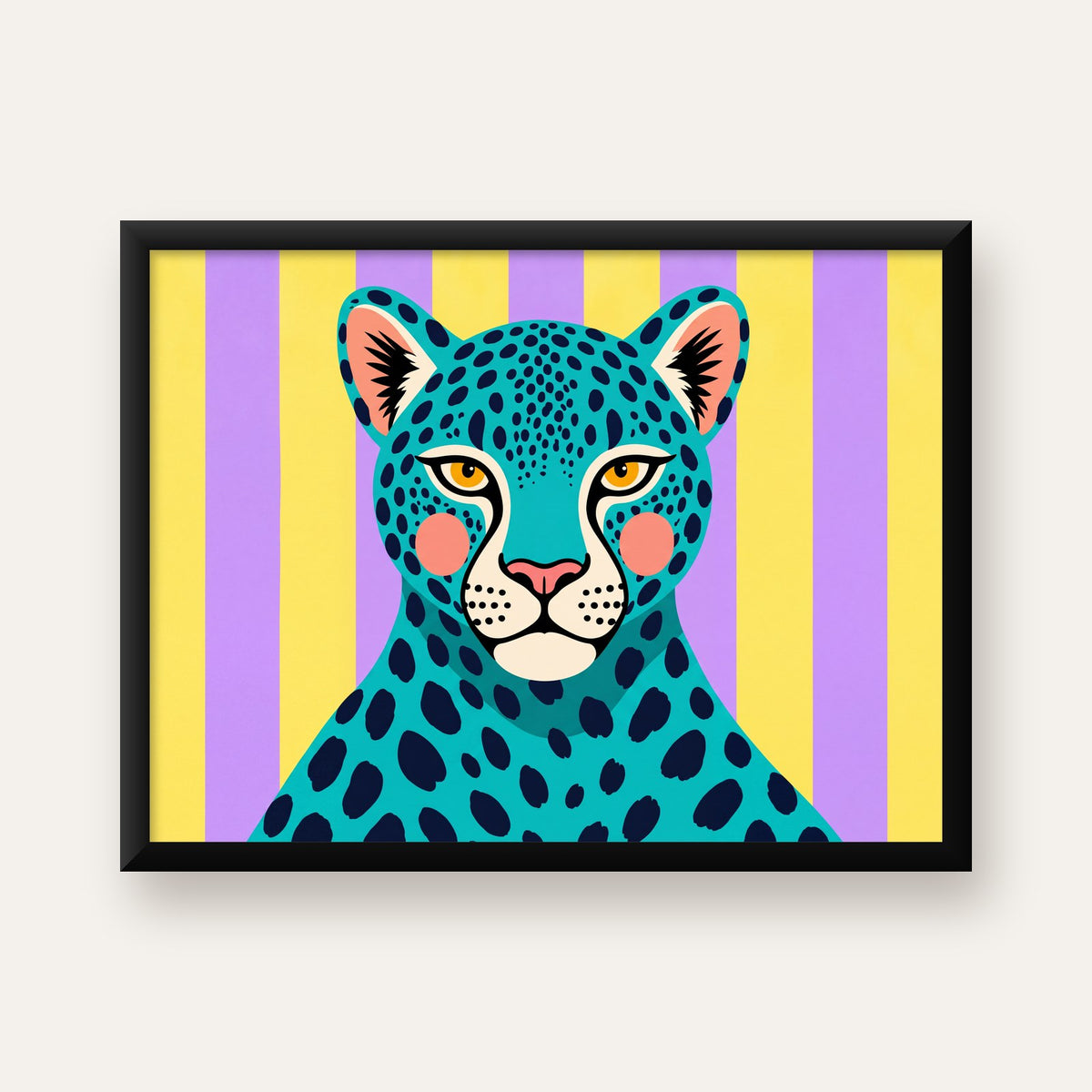Turkuaz Renk Bloklu Modern Jaguar İllüstrasyon Poster — Yatay baskı, düz siyah çerçeveli duvar posteri