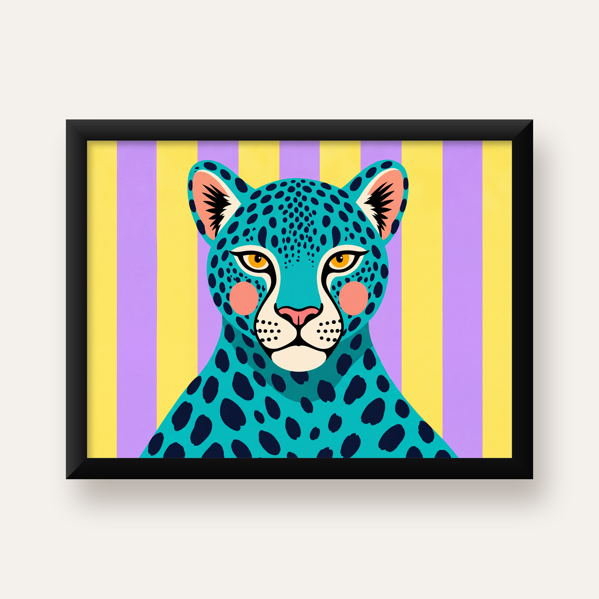 Turkuaz Renk Bloklu Modern Jaguar İllüstrasyon Poster — Yatay baskı, düz siyah çerçeveli duvar posteri