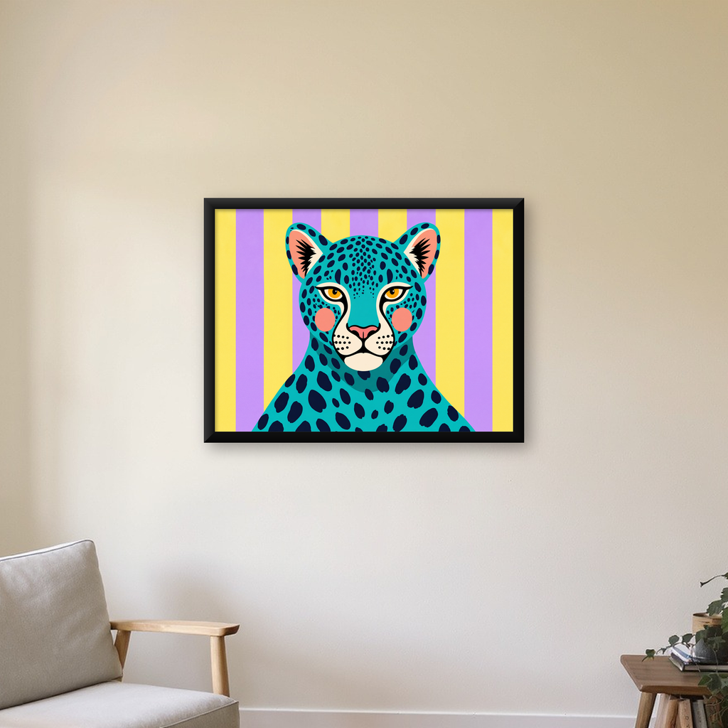 Turkuaz Renk Bloklu Modern Jaguar İllüstrasyon Poster — Yatay baskı, çerçeveli hâliyle bir ev duvarında