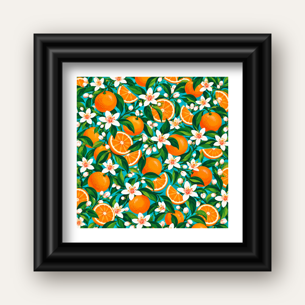 Portakal ve Çiçek Desenli Canlı Mavi Duvar Posteri — siyah galeri çerçeveli paspartulu