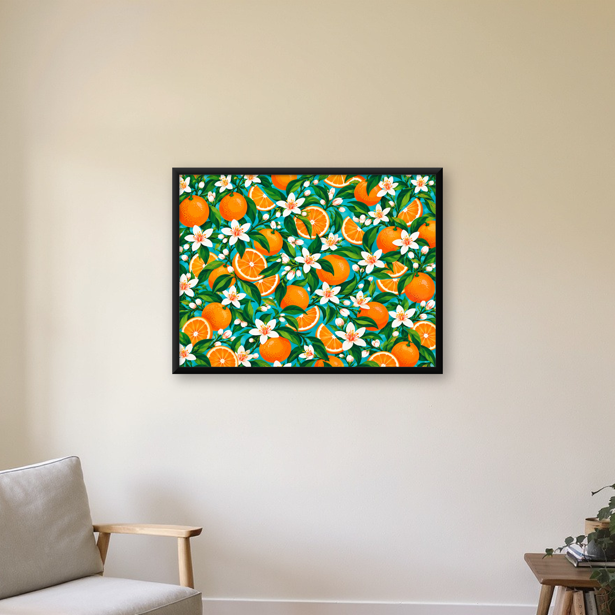 Portakal ve Çiçek Desenli Turkuaz Modern Sanat Poster — Yatay baskı, çerçeveli hâliyle bir ev duvarında