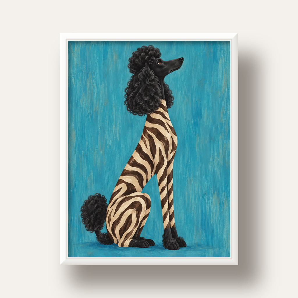 Turkuaz Zebra Desenli Pudel Köpek Poster — beyaz derin çerçeveli
