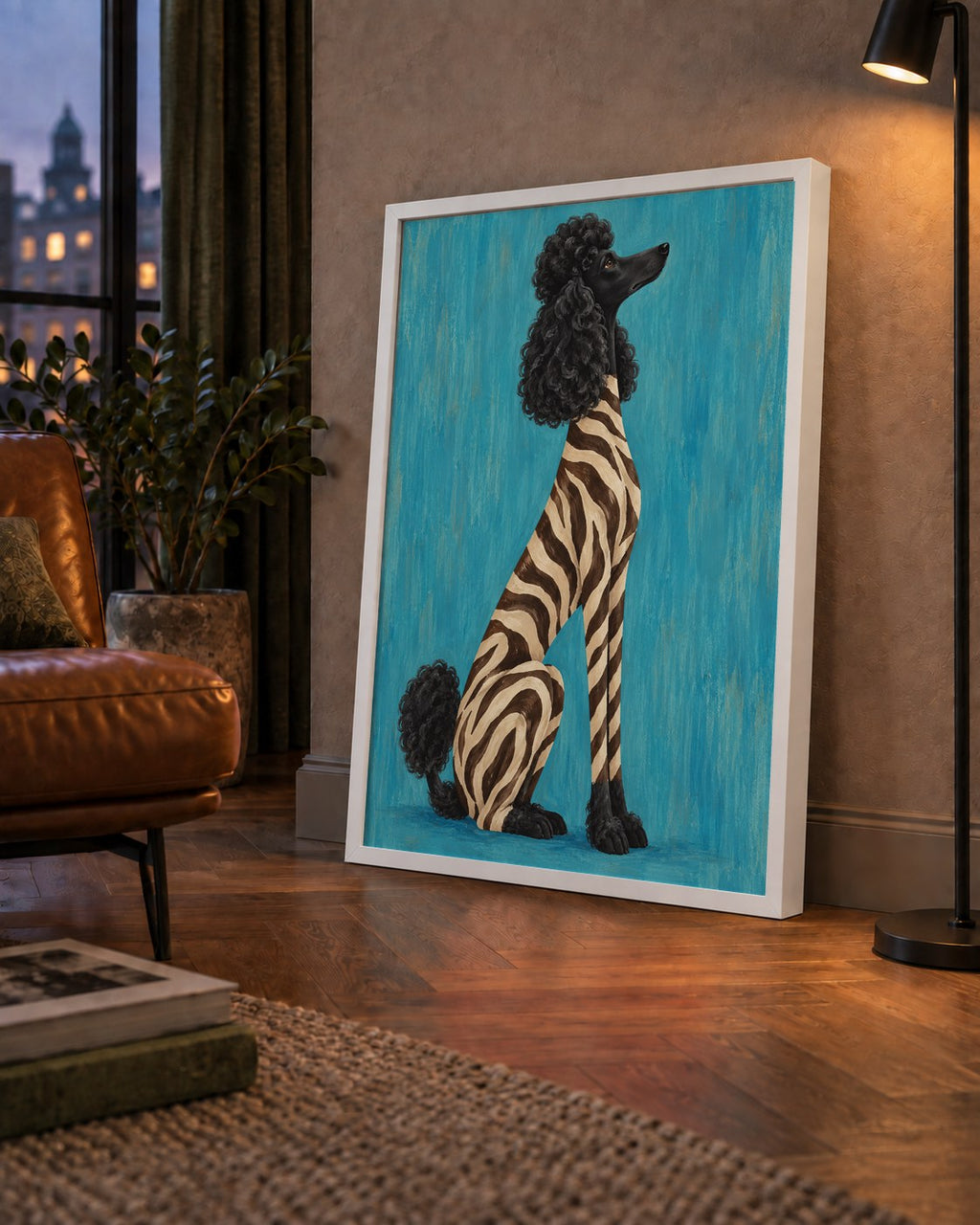 Turkuaz Zebra Desenli Pudel Köpek Poster — çerçeveli hâliyle bir ev duvarında