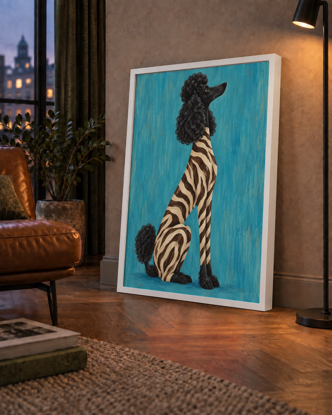 Turkuaz Zebra Desenli Pudel Köpek Poster — çerçeveli hâliyle bir ev duvarında