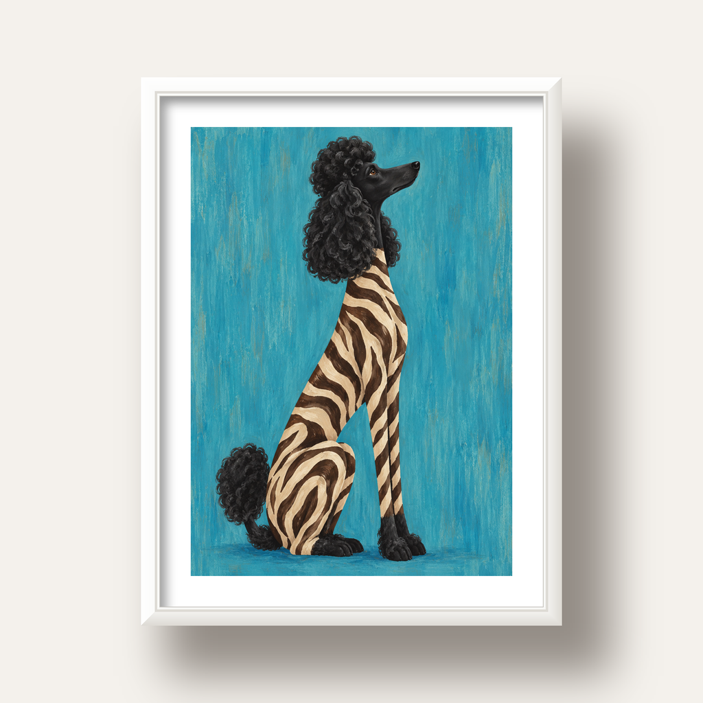 Turkuaz Zebra Desenli Pudel Köpek Poster — beyaz derin çerçeveli paspartulu