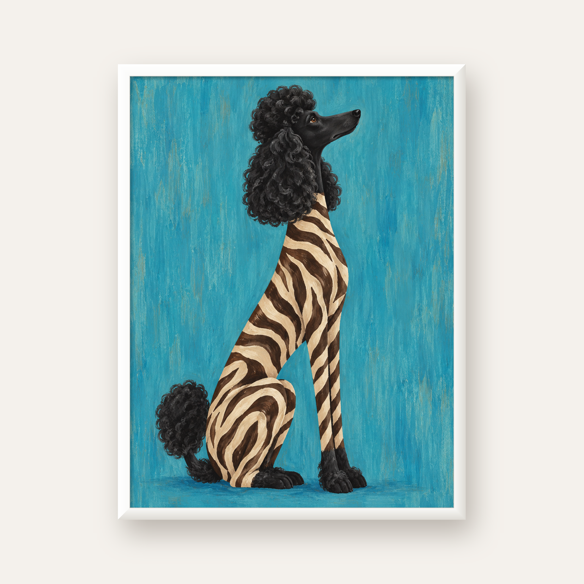 Turkuaz Zebra Desenli Pudel Köpek Poster — beyaz çerçeveli dikey poster