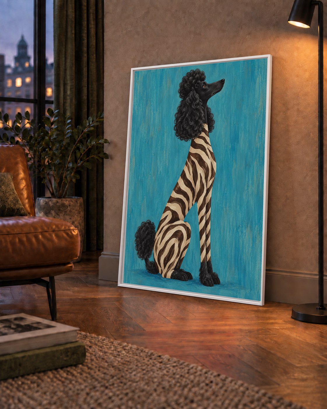 Turkuaz Zebra Desenli Pudel Köpek Poster — çerçeveli hâliyle bir ev duvarında