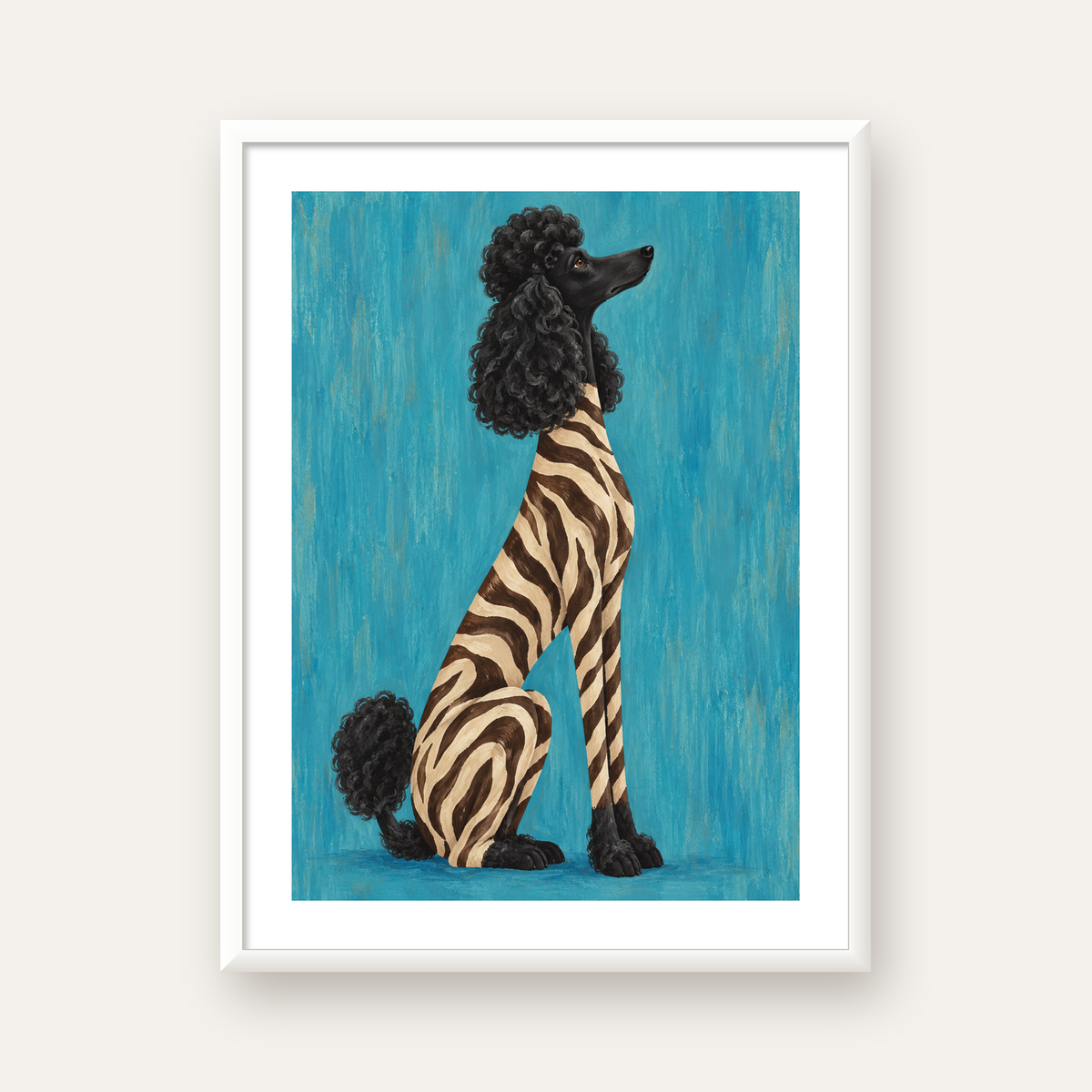 Turkuaz Zebra Desenli Pudel Köpek Poster — beyaz çerçeveli dikey poster