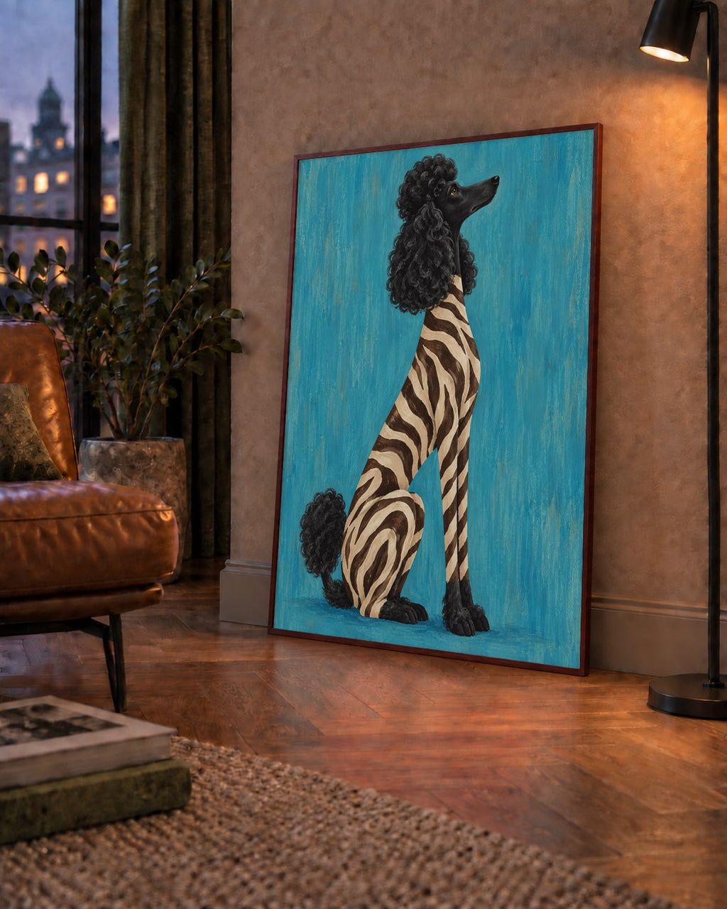 Turkuaz Zebra Desenli Pudel Köpek Poster — çerçeveli hâliyle bir ev duvarında