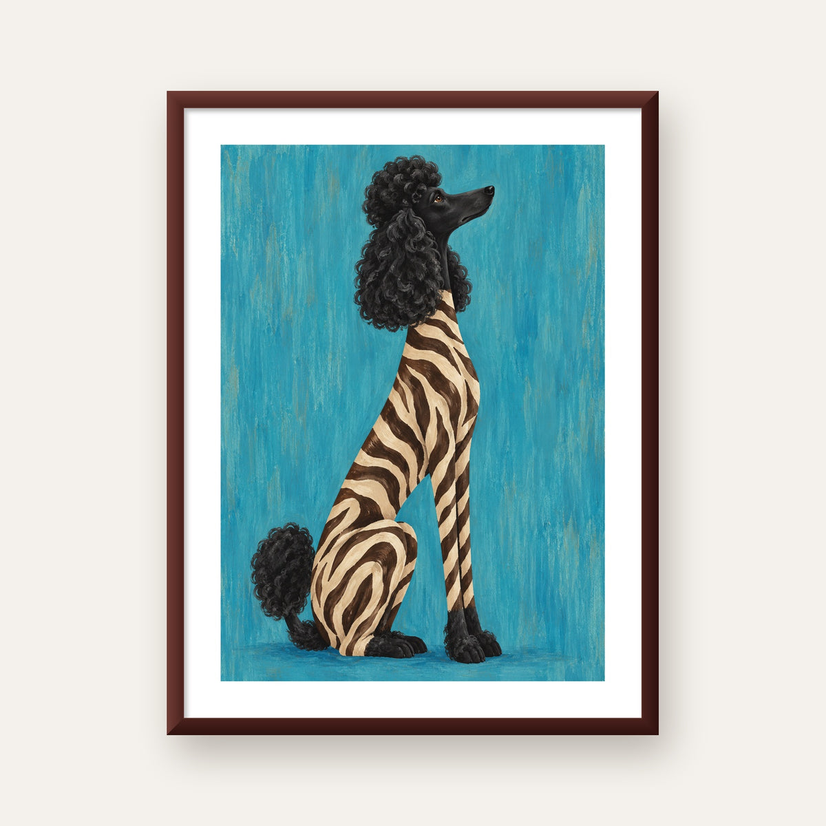 Turkuaz Zebra Desenli Pudel Köpek Poster — ceviz çerçeveli paspartulu