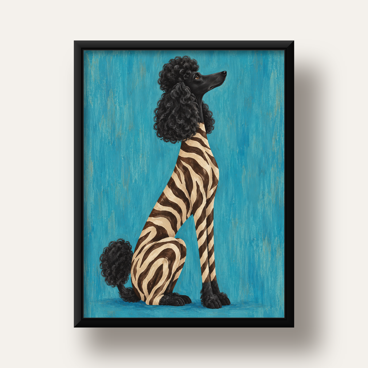 Turkuaz Zebra Desenli Pudel Köpek Poster — siyah derin çerçeveli