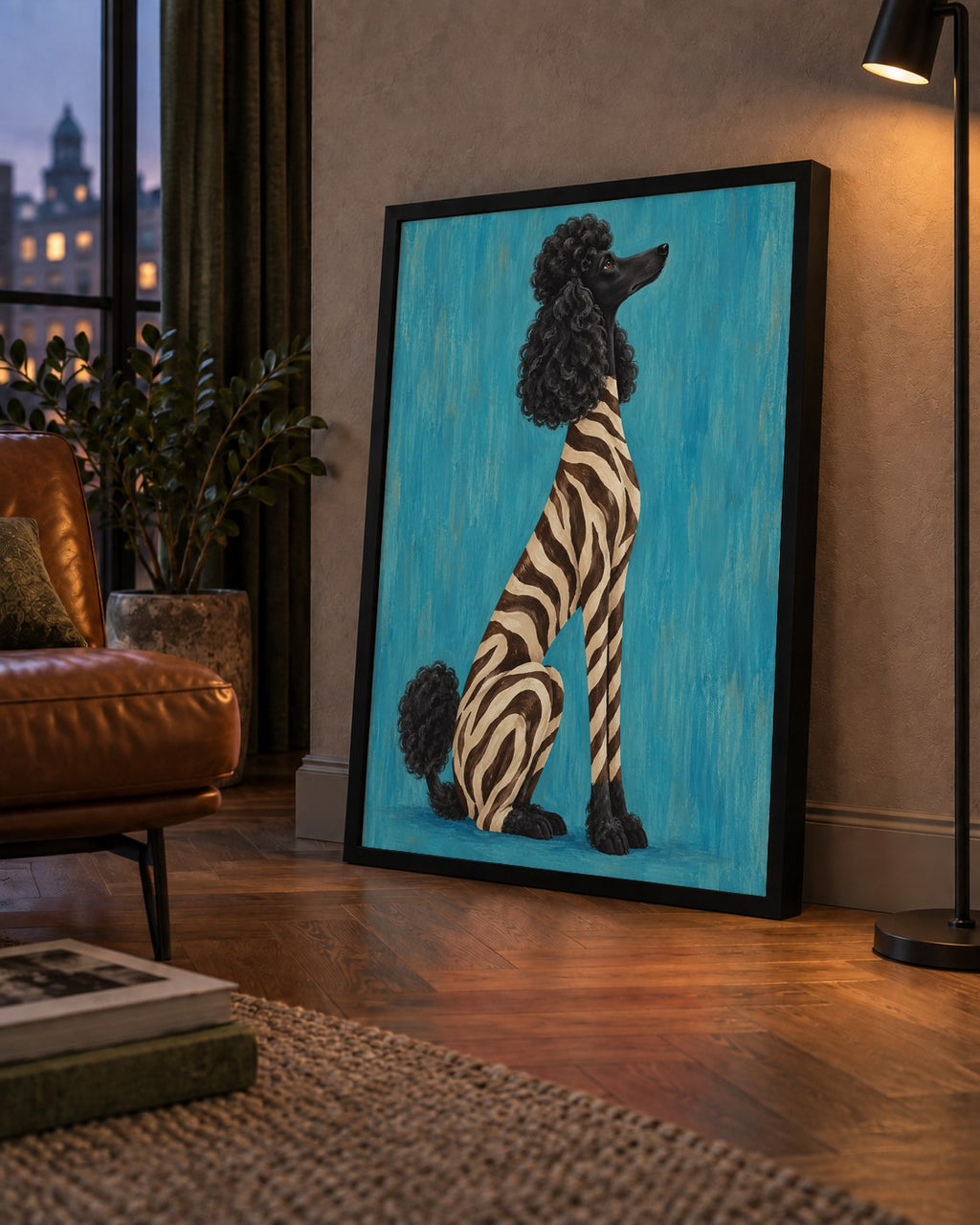 Turkuaz Zebra Desenli Pudel Köpek Poster — çerçeveli hâliyle bir ev duvarında