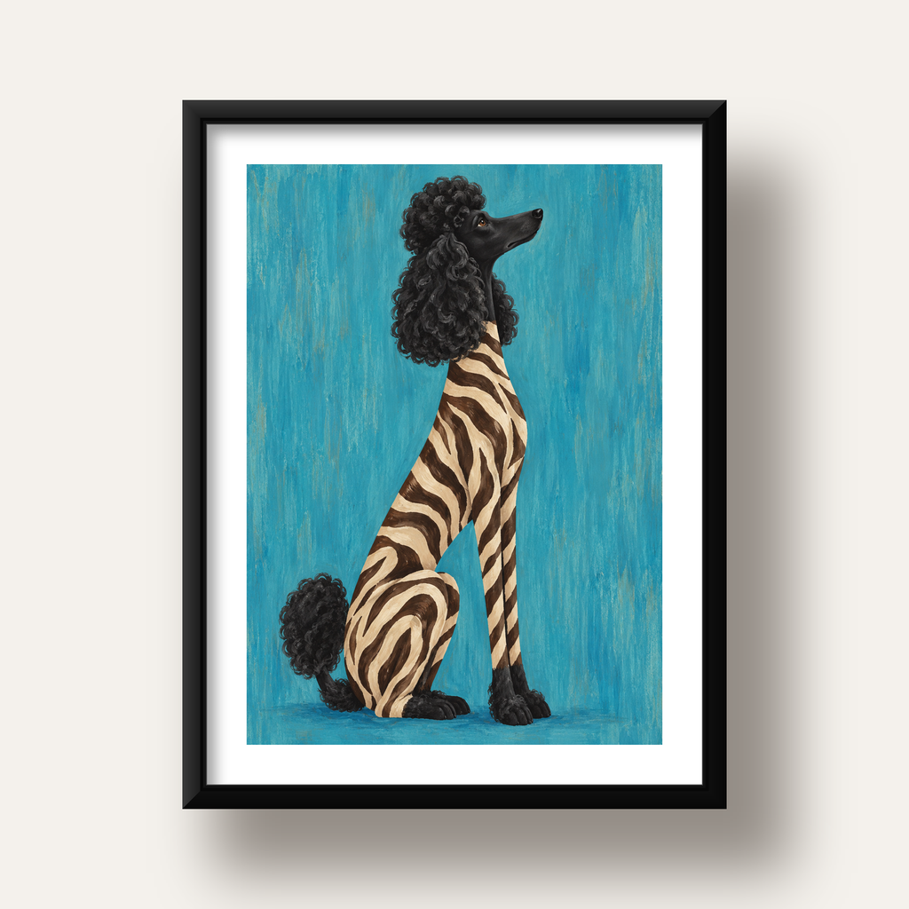 Turkuaz Zebra Desenli Pudel Köpek Poster — siyah derin çerçeveli paspartulu