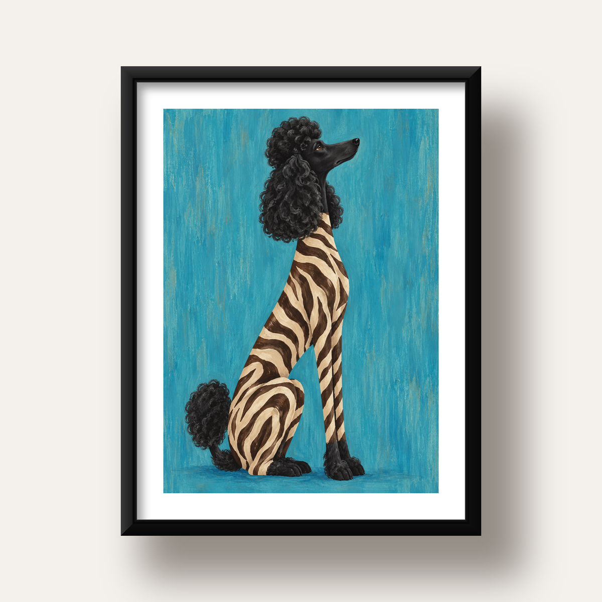 Turkuaz Zebra Desenli Pudel Köpek Poster — siyah derin çerçeveli paspartulu
