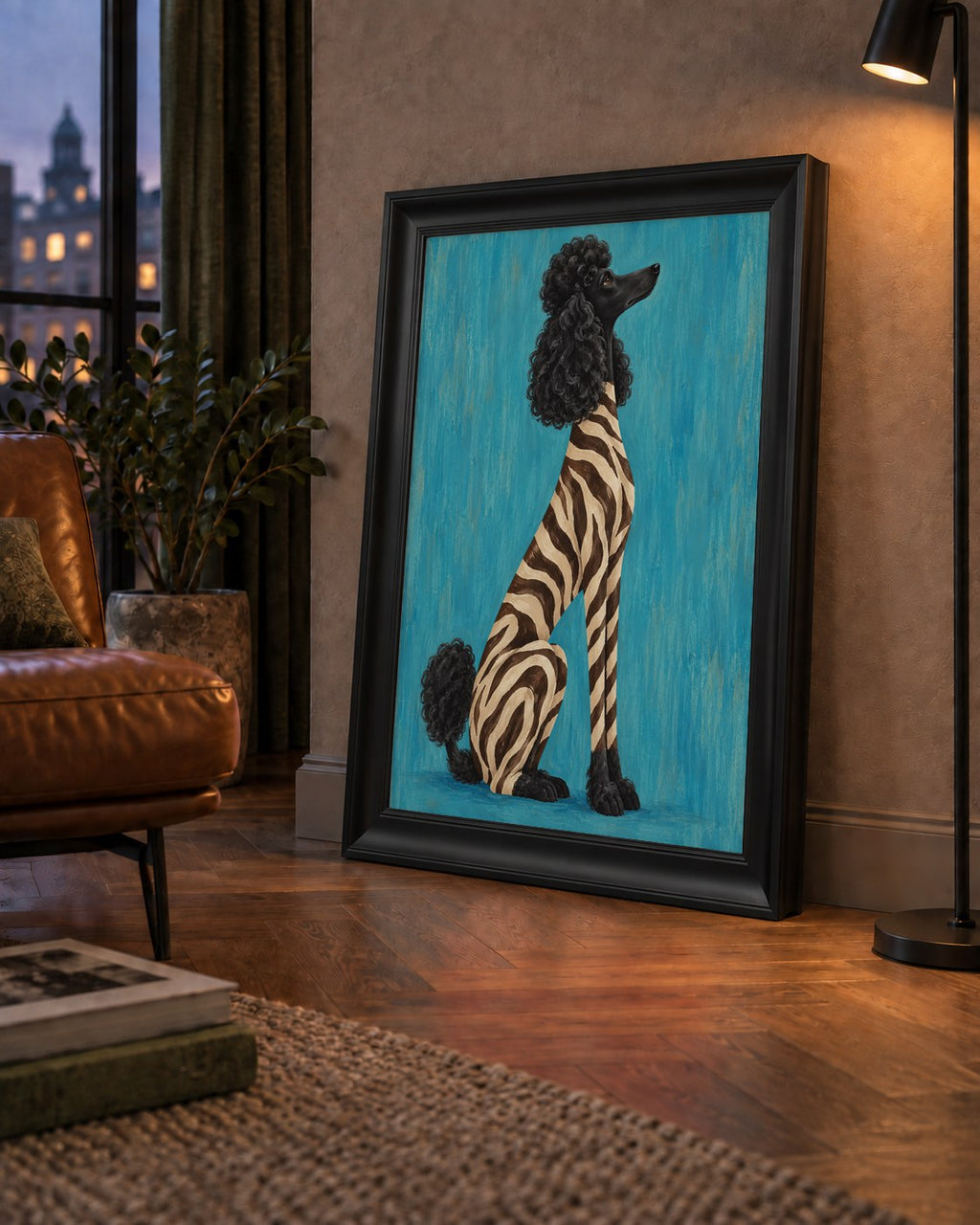 Turkuaz Zebra Desenli Pudel Köpek Poster — çerçeveli hâliyle bir ev duvarında