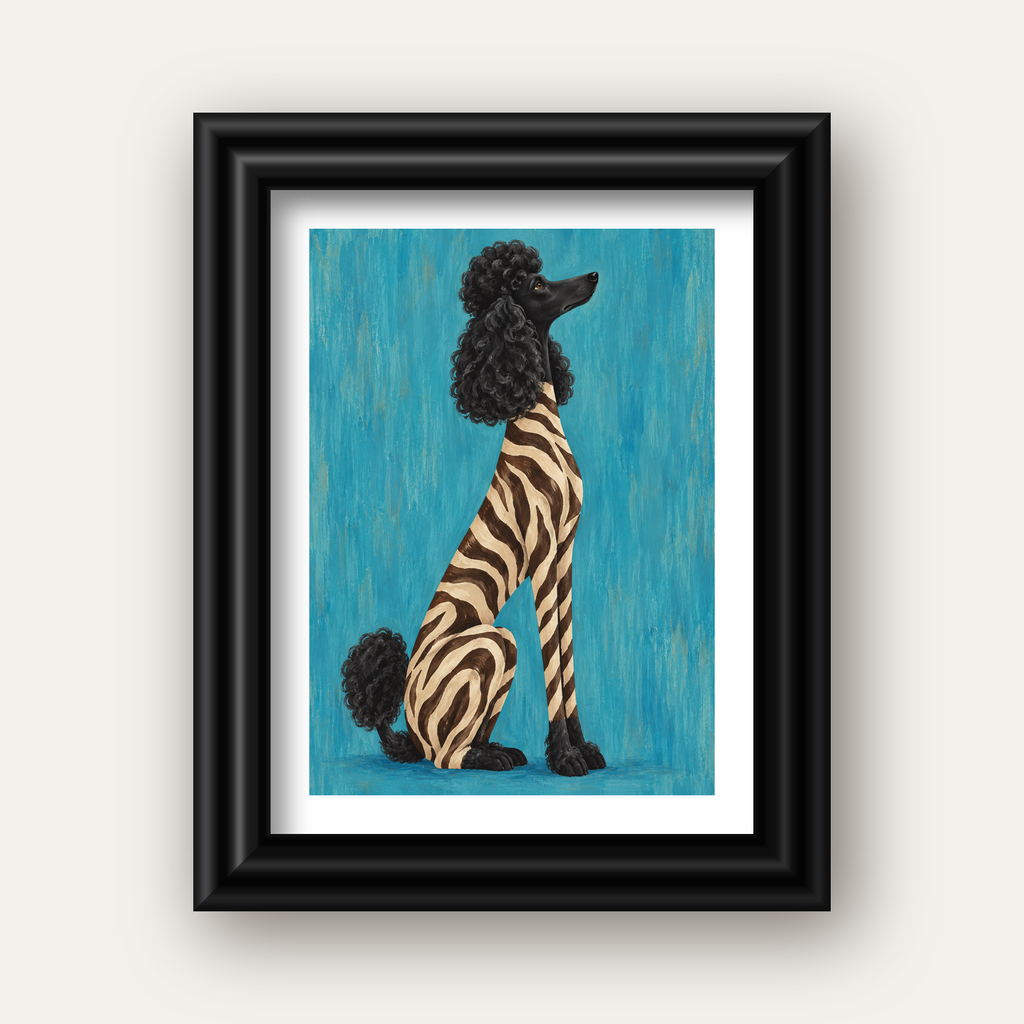 Turkuaz Zebra Desenli Pudel Köpek Poster — siyah galeri çerçeveli paspartulu