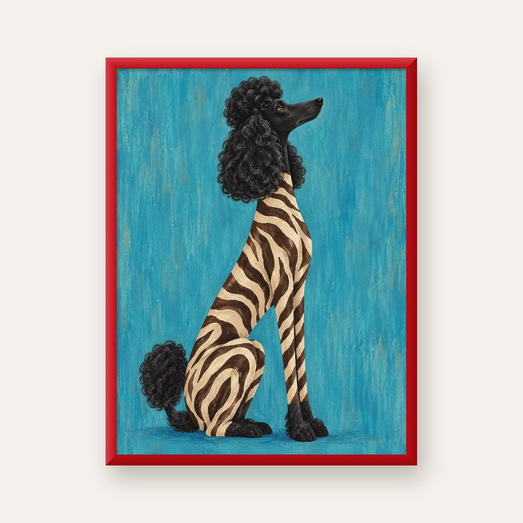 Turkuaz Zebra Desenli Pudel Köpek Poster — kırmızı çerçeveli