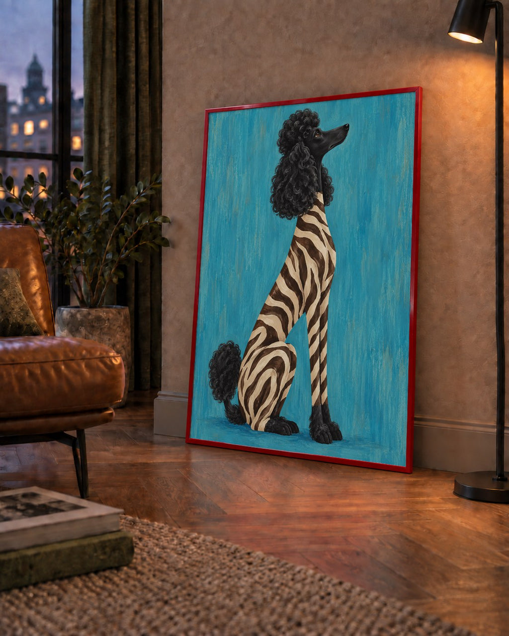 Turkuaz Zebra Desenli Pudel Köpek Poster — çerçeveli hâliyle bir ev duvarında