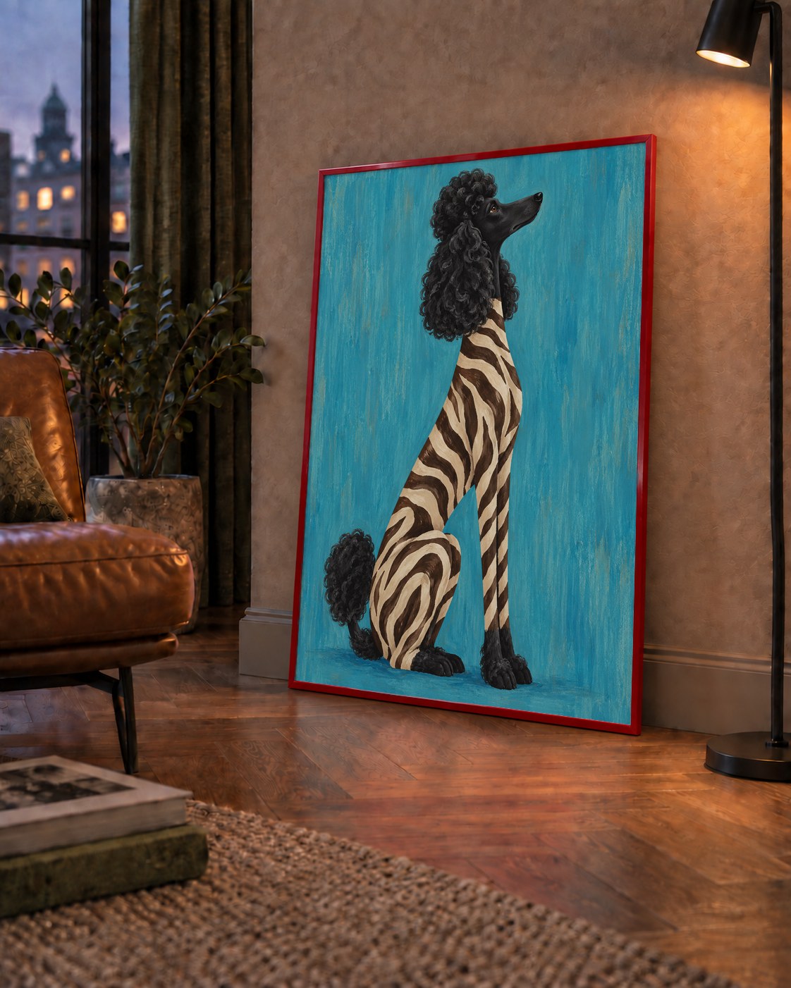 Turkuaz Zebra Desenli Pudel Köpek Poster — çerçeveli hâliyle bir ev duvarında