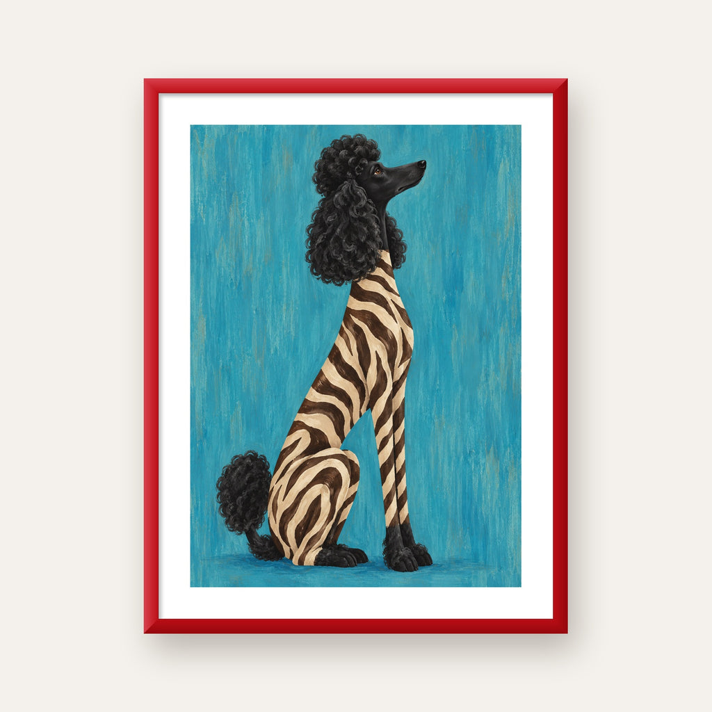 Turkuaz Zebra Desenli Pudel Köpek Poster — kırmızı çerçeveli paspartulu