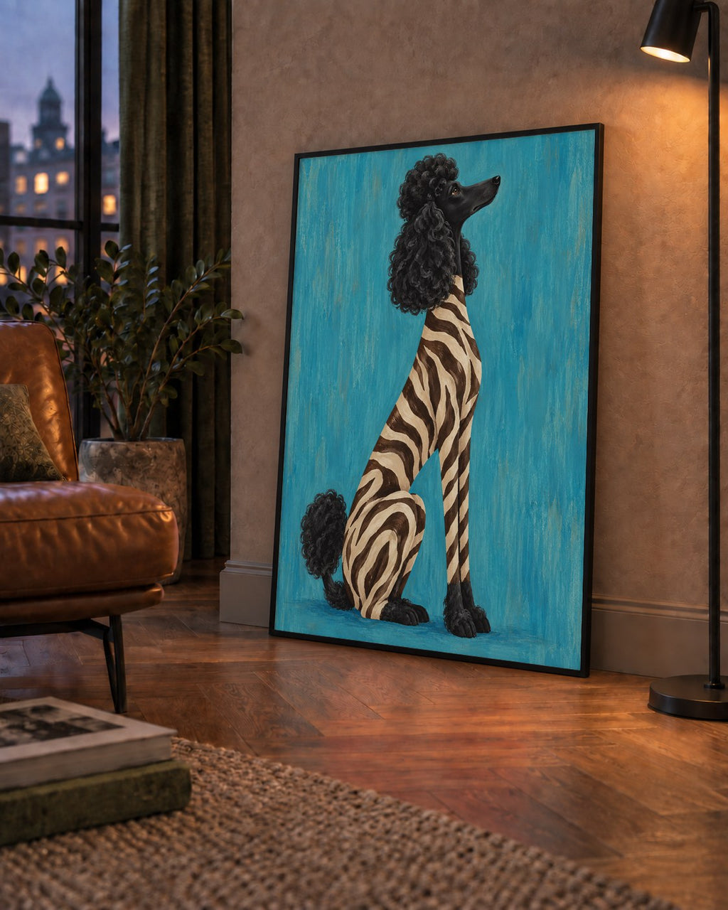 Turkuaz Zebra Desenli Pudel Köpek Poster — çerçeveli hâliyle bir ev duvarında