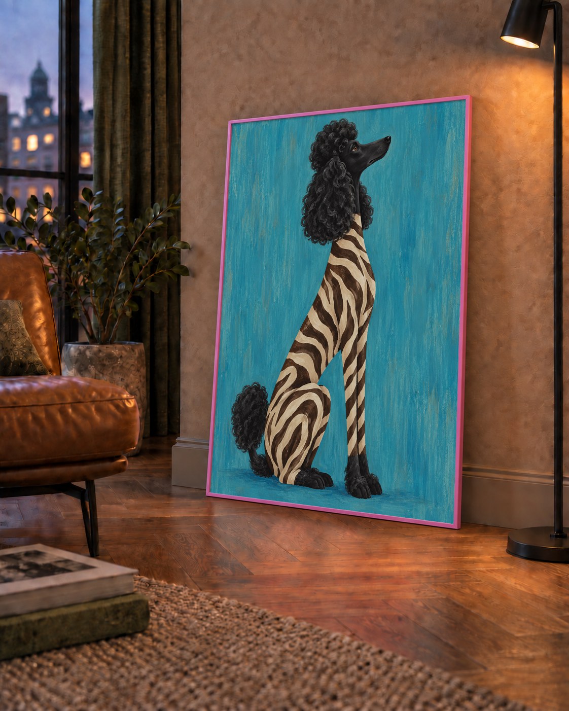 Turkuaz Zebra Desenli Pudel Köpek Poster — çerçeveli hâliyle bir ev duvarında