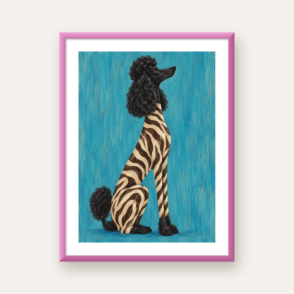Turkuaz Zebra Desenli Pudel Köpek Poster — pembe çerçeveli paspartulu