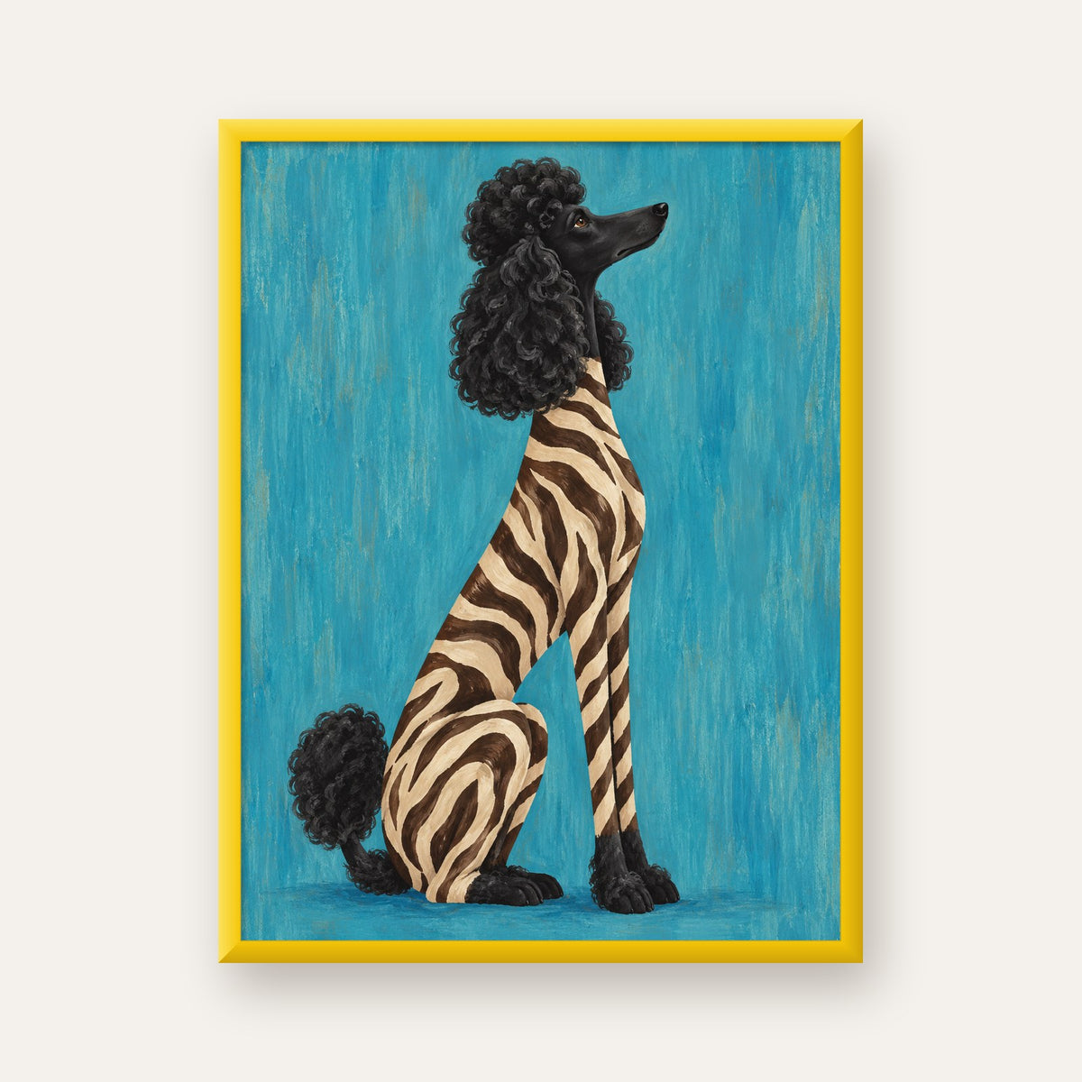 Turkuaz Zebra Desenli Pudel Köpek Poster — sarı çerçeveli