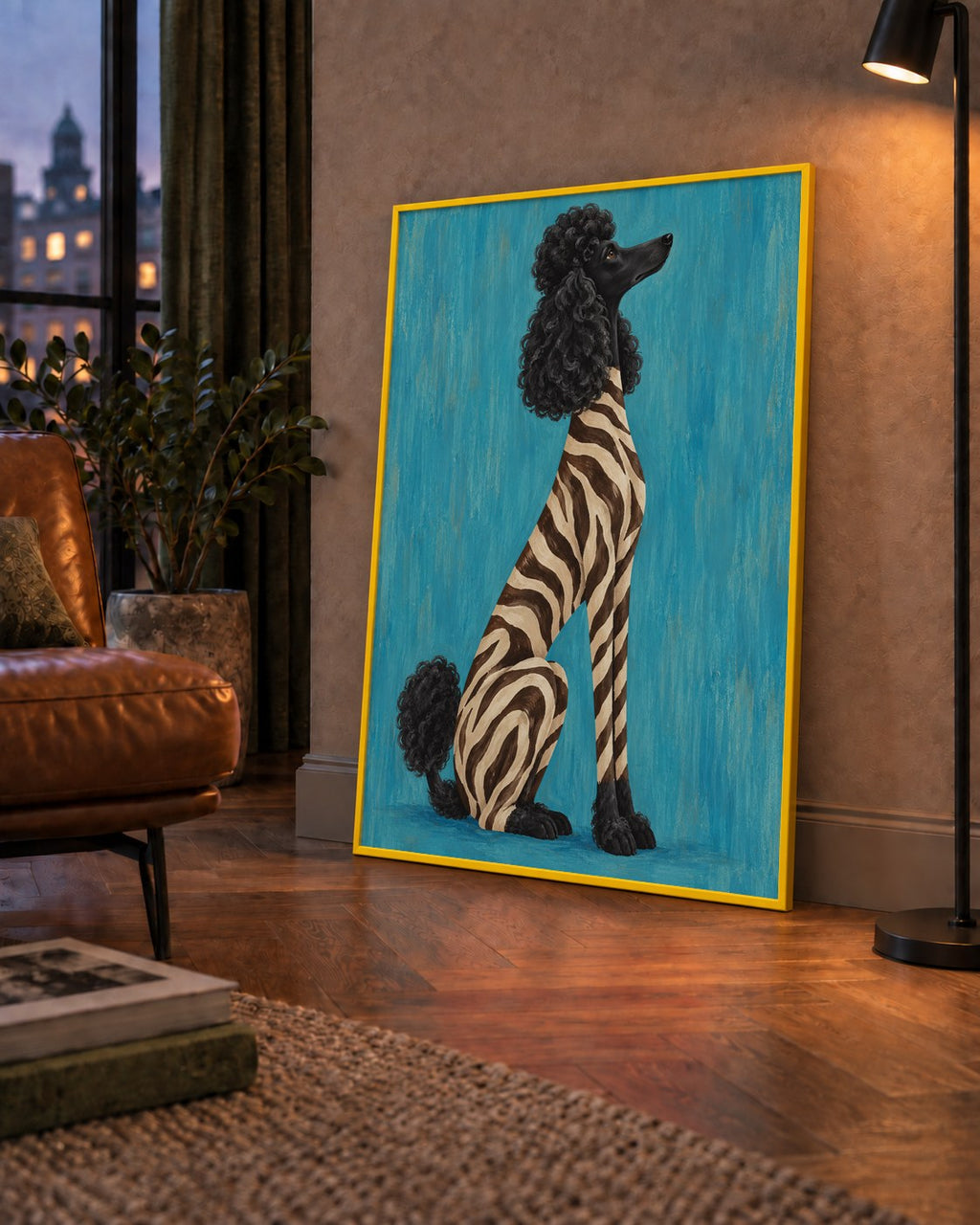 Turkuaz Zebra Desenli Pudel Köpek Poster — çerçeveli hâliyle bir ev duvarında