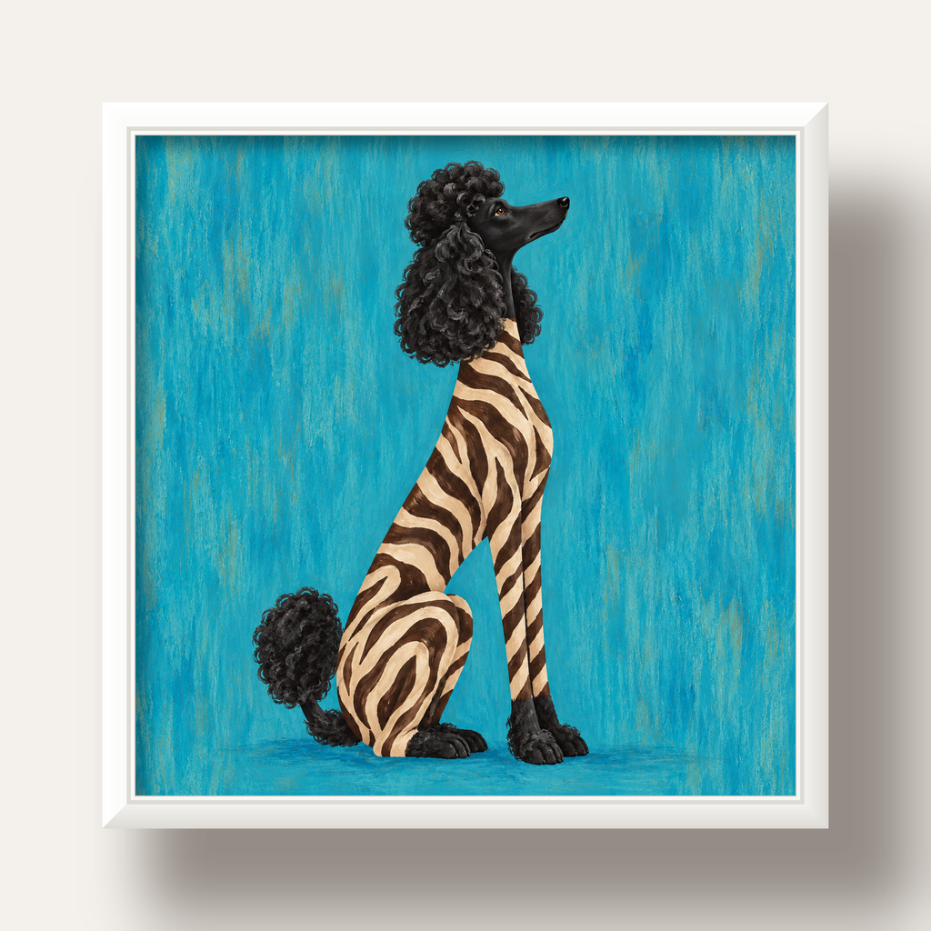 Turkuaz Zebra Desenli Pudel Köpek Poster — beyaz derin çerçeveli