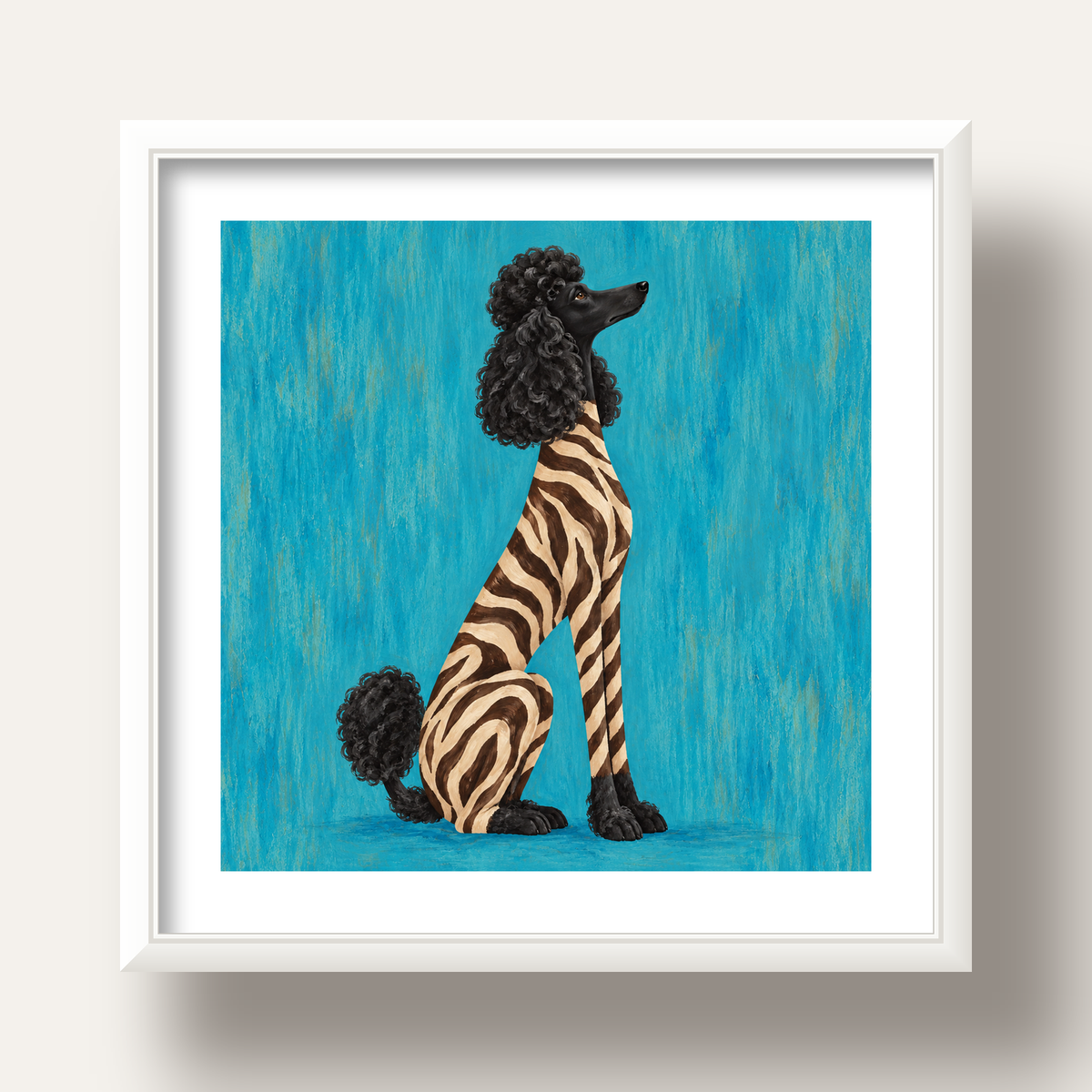 Turkuaz Zebra Desenli Pudel Köpek Poster — beyaz derin çerçeveli paspartulu