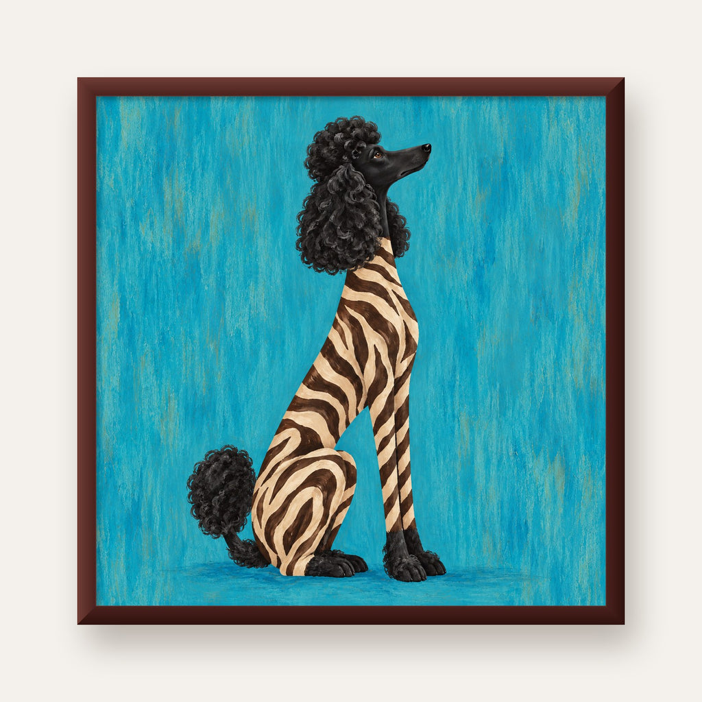 Turkuaz Zebra Desenli Pudel Köpek Poster — ceviz çerçeveli