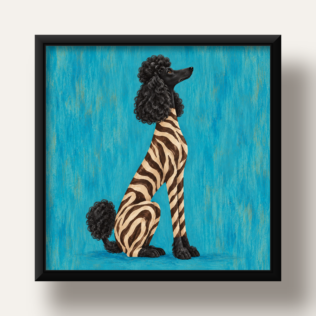 Turkuaz Zebra Desenli Pudel Köpek Poster — siyah derin çerçeveli