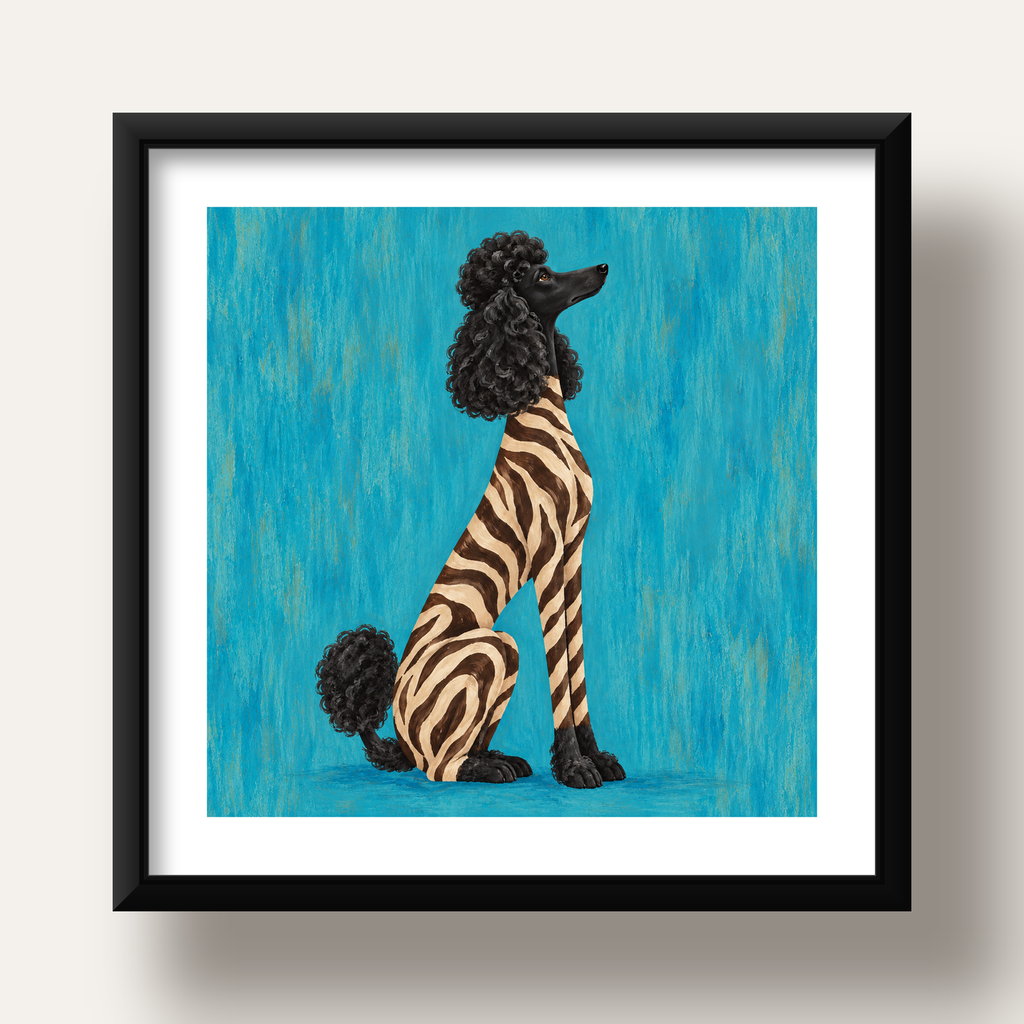 Turkuaz Zebra Desenli Pudel Köpek Poster — siyah derin çerçeveli paspartulu