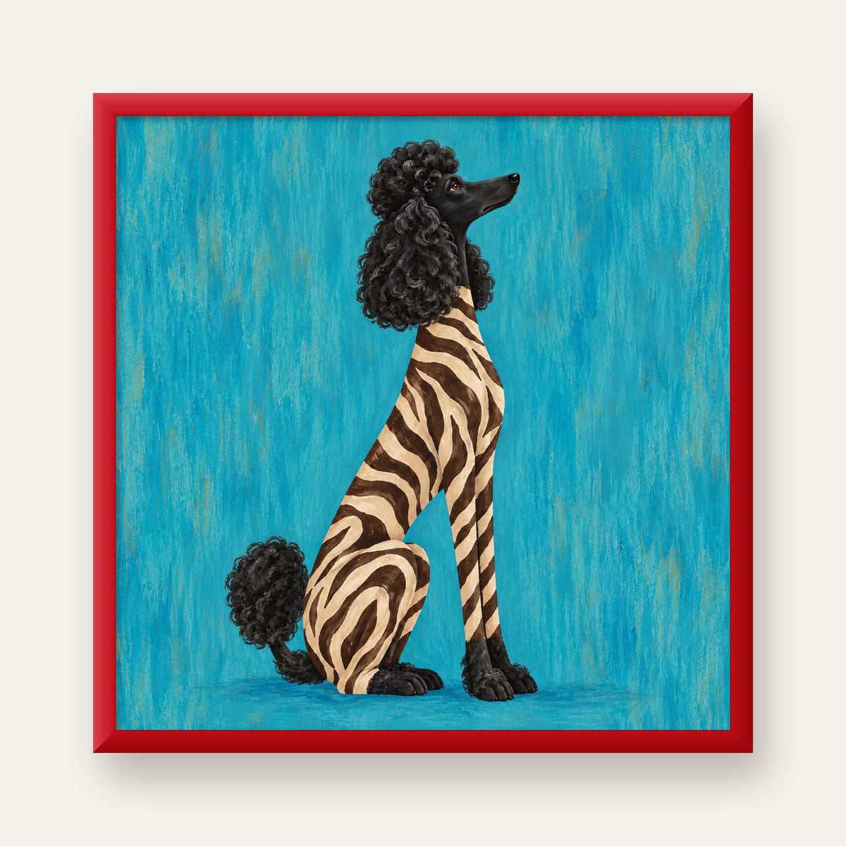 Turkuaz Zebra Desenli Pudel Köpek Poster — kırmızı çerçeveli