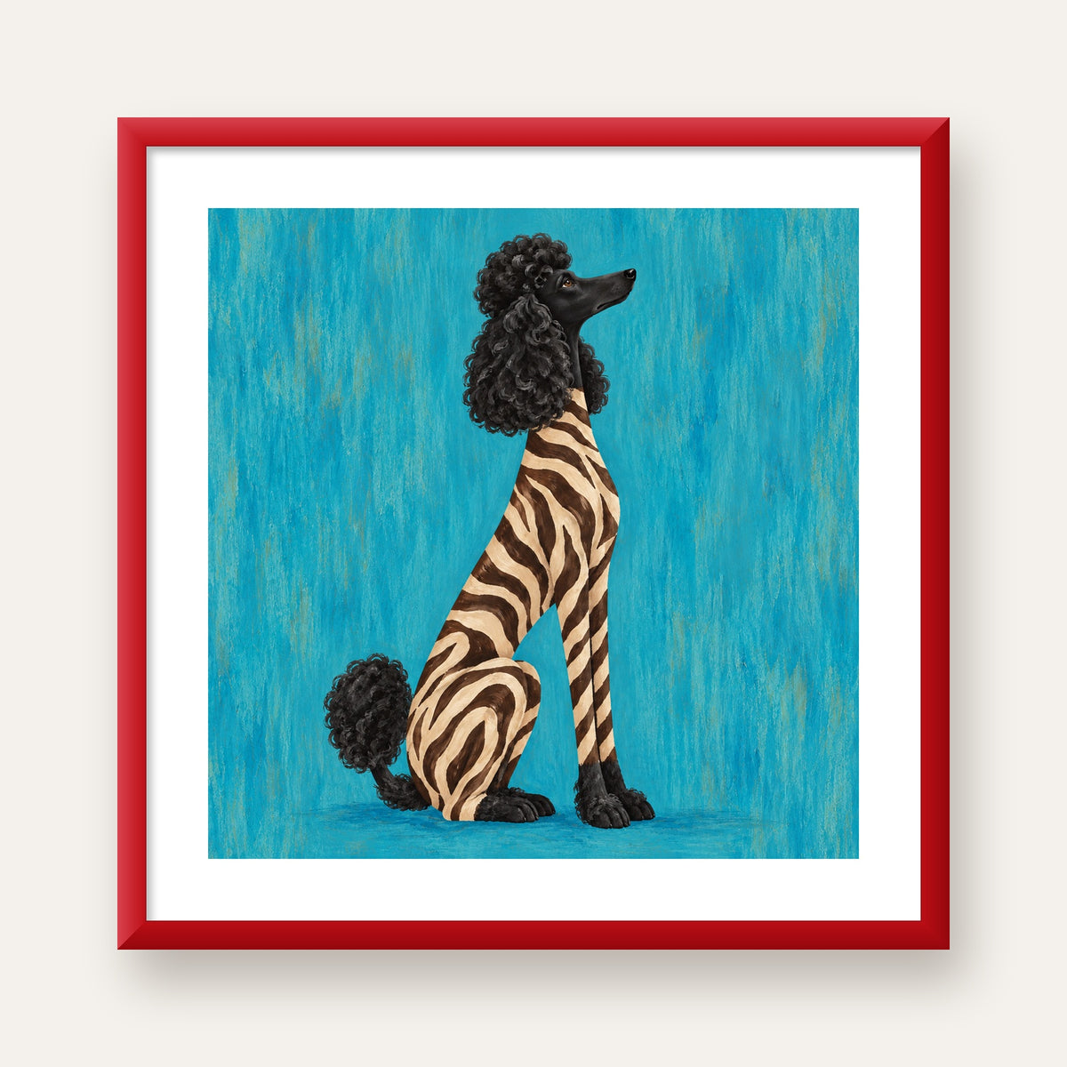 Turkuaz Zebra Desenli Pudel Köpek Poster — kırmızı çerçeveli paspartulu