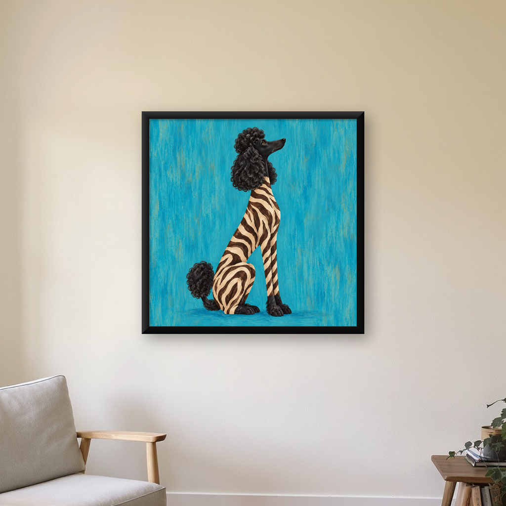 Zebra Desenli Kaniş Köpeği Dijital Sanat Poster — Kare baskı, çerçeveli hâliyle bir ev duvarında