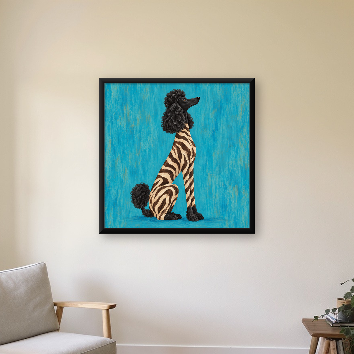 Zebra Desenli Kaniş Köpeği Dijital Sanat Poster — Kare baskı, çerçeveli hâliyle bir ev duvarında