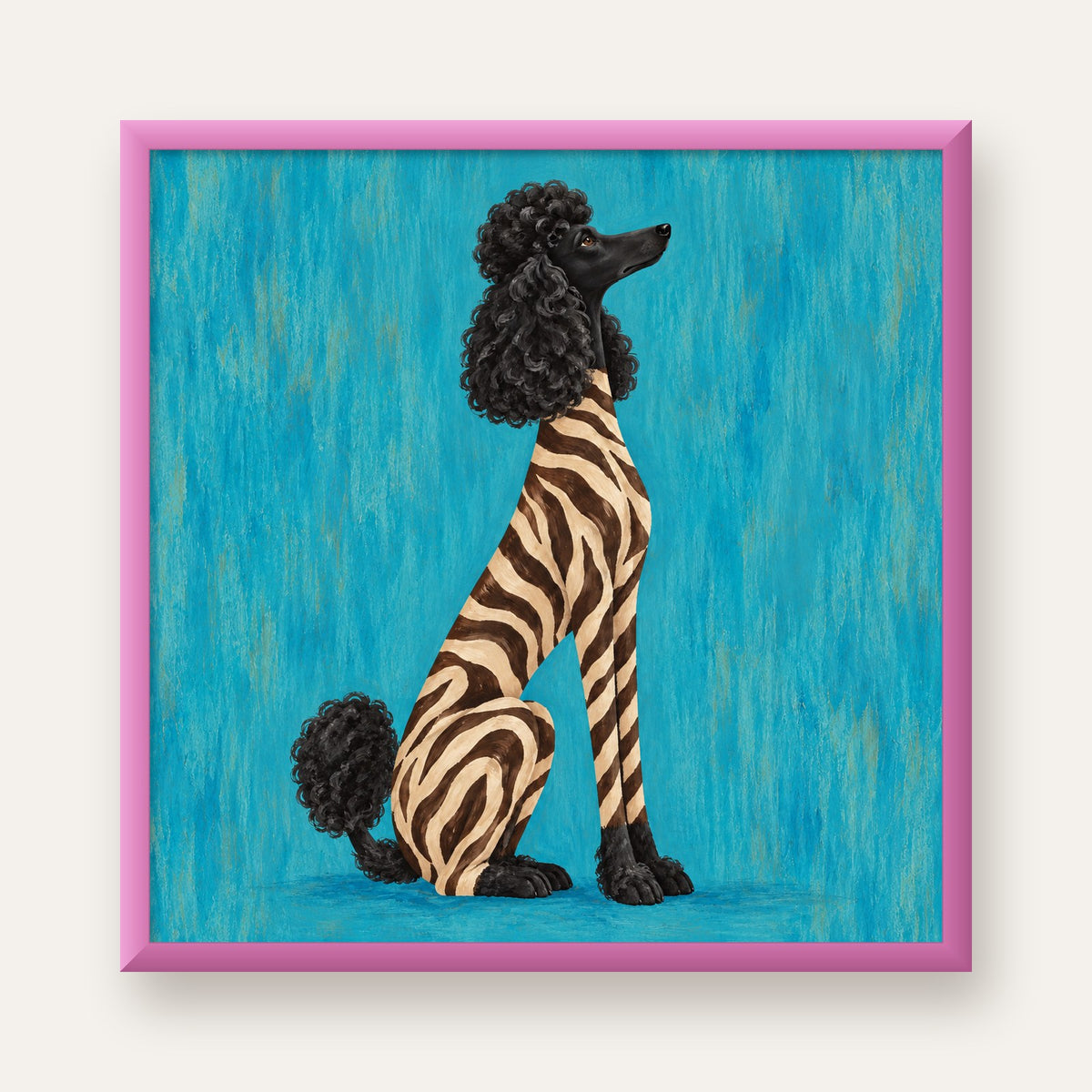 Turkuaz Zebra Desenli Pudel Köpek Poster — pembe çerçeveli