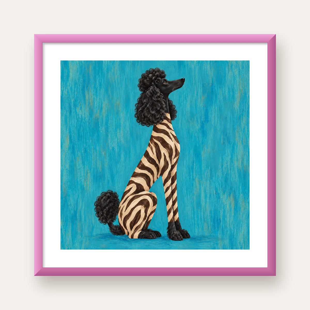 Turkuaz Zebra Desenli Pudel Köpek Poster — pembe çerçeveli paspartulu