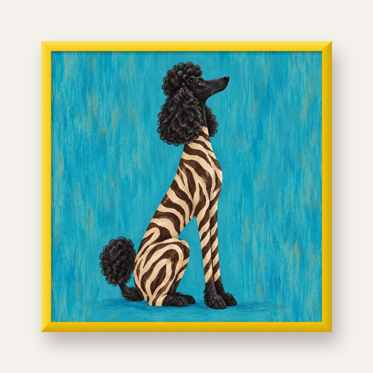 Turkuaz Zebra Desenli Pudel Köpek Poster — sarı çerçeveli