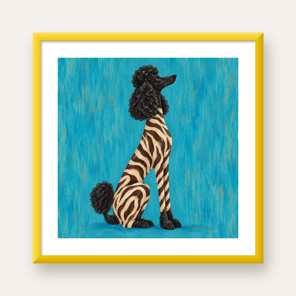 Turkuaz Zebra Desenli Pudel Köpek Poster — sarı çerçeveli paspartulu
