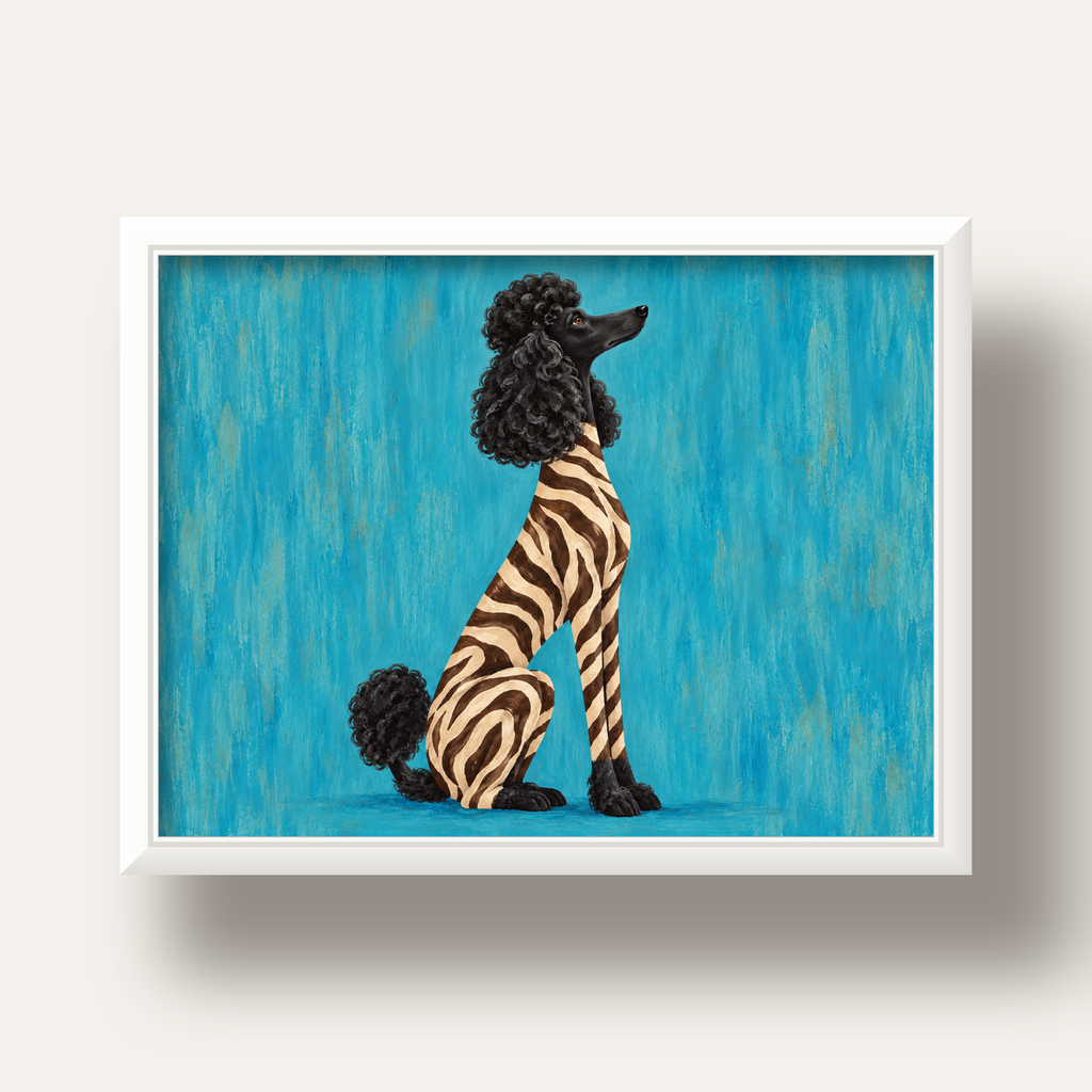 Turkuaz Zebra Desenli Pudel Köpek Poster — beyaz derin çerçeveli