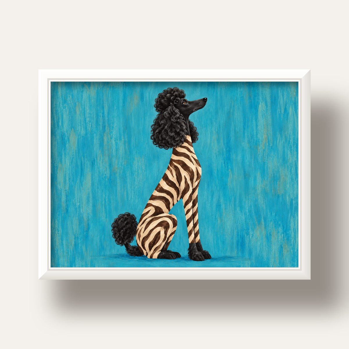 Turkuaz Zebra Desenli Pudel Köpek Poster — beyaz derin çerçeveli