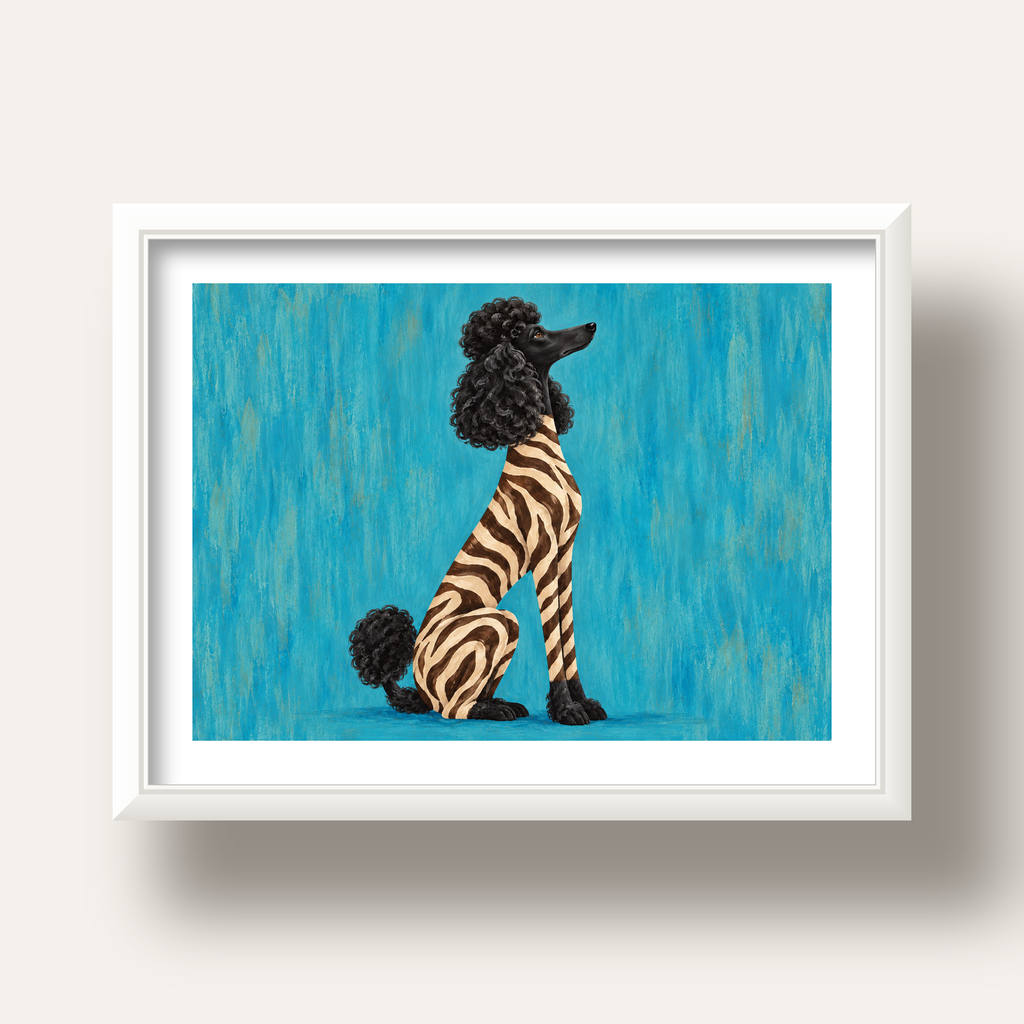 Turkuaz Zebra Desenli Pudel Köpek Poster — beyaz derin çerçeveli paspartulu