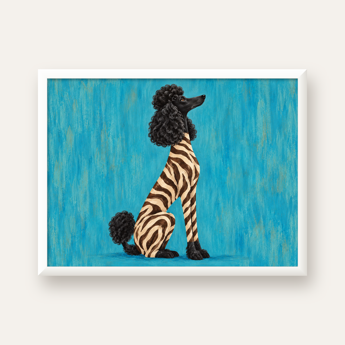 Turkuaz Zebra Desenli Pudel Köpek Poster — beyaz çerçeveli yatay poster